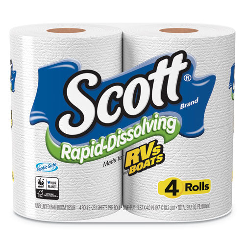 Rapid-Dissolving Toilet Paper, Bath Tissue, Septic Safe, 1-Ply, White, 231 Sheets/Roll, 4/Rolls/Pack, 12 Packs/Carton-(KCC47617)