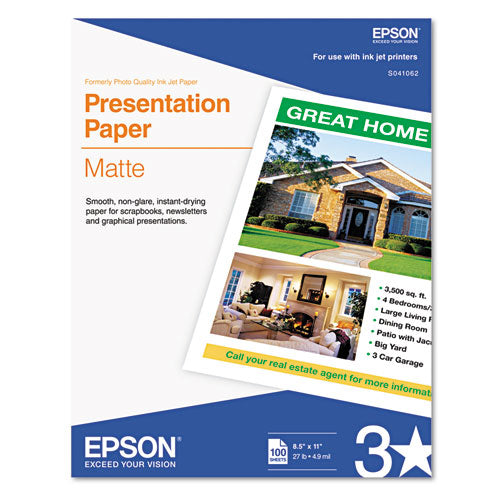 Matte Presentation Paper, 4.9 mil, 8.5 x 11, Matte Bright White, 100/Pack-(EPSS041062)