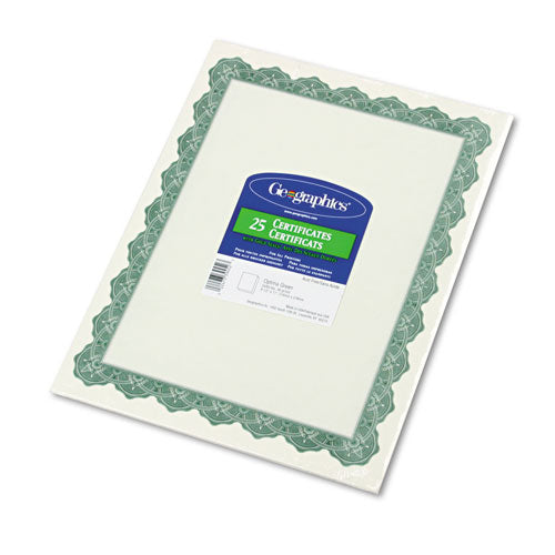 Parchment Paper Certificates, 8.5 x 11, Optima Green with White Border, 25/Pack-(GEO39452)