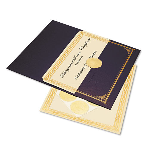 Ivory/Gold Foil Embossed Award Certificate Kit, 8.5 x 11, Blue Metallic Cover, Gold Border, 6/KIt-(GEO47481)