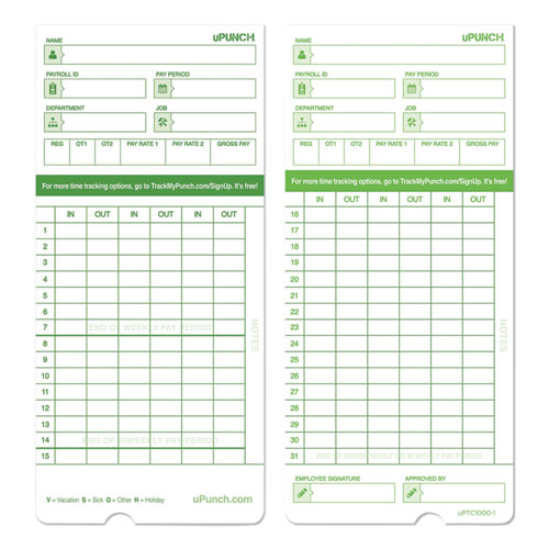 Time Clock Cards for uPunch HN1000/HN3000/HN3600, Two Sides, 7.5 x 3.5, 100/Pack-(PPZHNTCG1100)