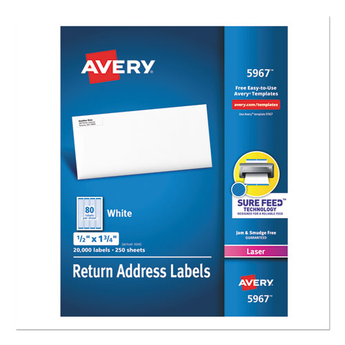 White Address Labels w/ Sure Feed Technology for Laser Printers, Laser Printers, 0.5 x 1.75, White, 80/Sheet, 250 Sheets/Box-(AVE5967)