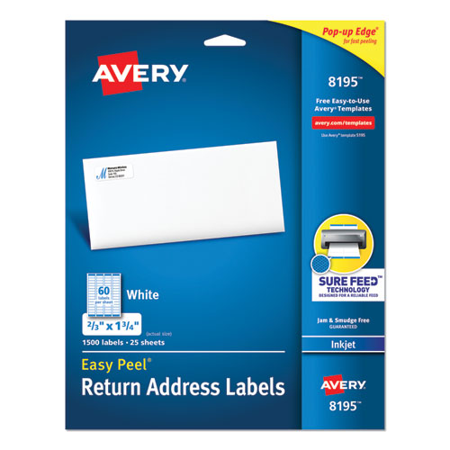 Easy Peel White Address Labels w/ Sure Feed Technology, Inkjet Printers, 0.66 x 1.75, White, 60/Sheet, 25 Sheets/Pack-(AVE8195)