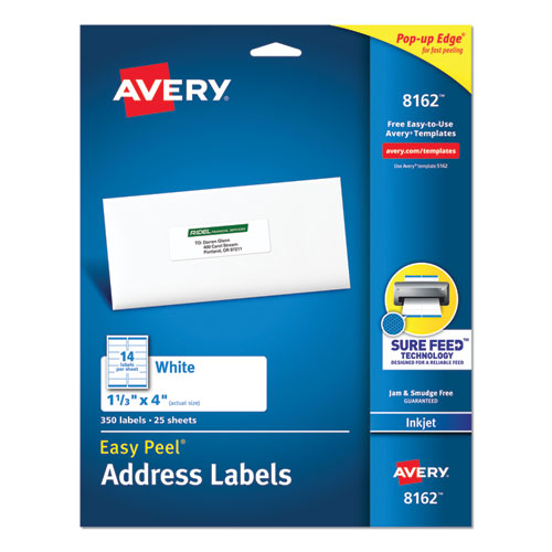 Easy Peel White Address Labels w/ Sure Feed Technology, Inkjet Printers, 1.33 x 4, White, 14/Sheet, 25 Sheets/Pack-(AVE8162)