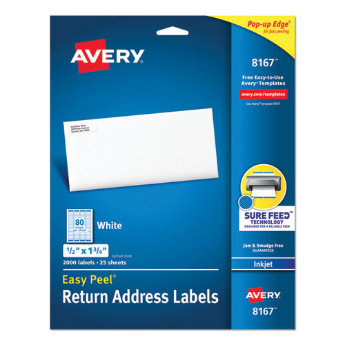 Easy Peel White Address Labels w/ Sure Feed Technology, Inkjet Printers, 0.5 x 1.75, White, 80/Sheet, 25 Sheets/Pack-(AVE8167)