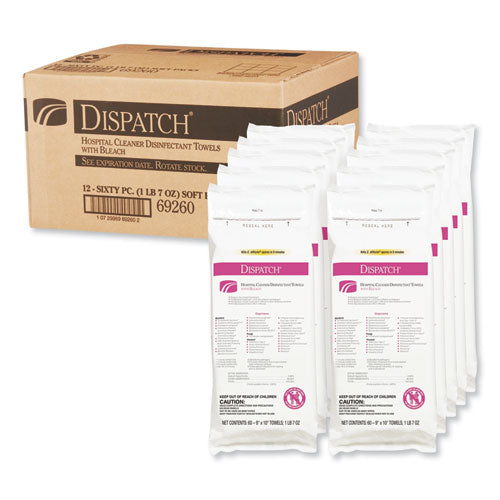 Dispatch Cleaner Disinfectant Towels with Bleach, 1-Ply, 9 x 10, Unscented, White, 60/Pack, 12 Packs/Carton-(CLO69260)