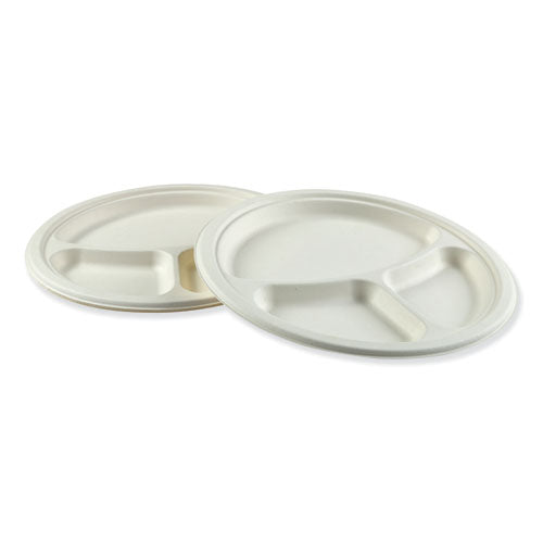 Bagasse Dinnerware, 3-Compartment Plate, 10" dia, White, 500/Carton-(BWKPLATEWF3CM10)