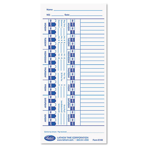 Time Clock Cards for Lathem Time E Series, One Side, 4 x 9, 100/Pack-(LTHE100)