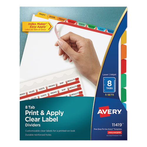 Print and Apply Index Maker Clear Label Dividers, 8-Tab, Color Tabs, 11 x 8.5, White, Traditional Color Tabs, 5 Sets-(AVE11419)