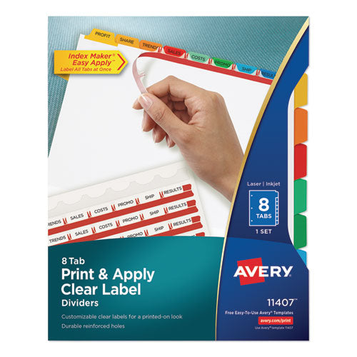 Print and Apply Index Maker Clear Label Dividers, 8-Tab, Color Tabs, 11 x 8.5, White, Traditional Color Tabs, 1 Set-(AVE11407)