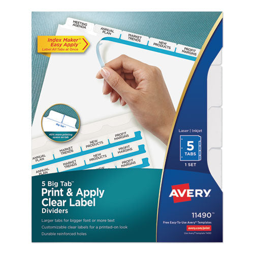 Print and Apply Index Maker Clear Label Dividers, Big Tab, 5-Tab, White Tabs, 11 x 8.5, White, 1 Set-(AVE11490)