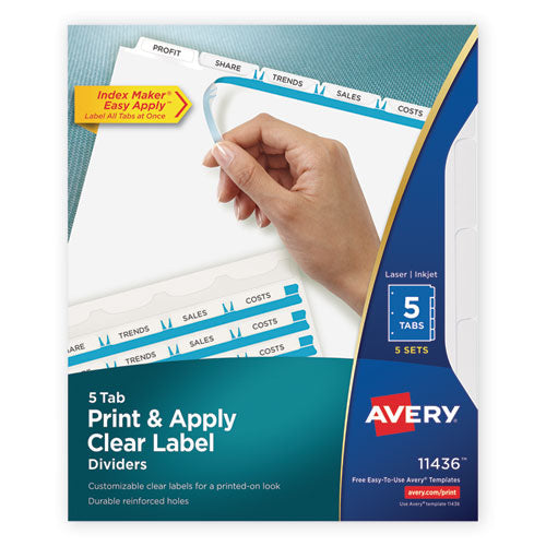 Print and Apply Index Maker Clear Label Dividers, 5-Tab, White Tabs, 11 x 8.5, White, 5 Sets-(AVE11436)