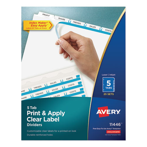 Print and Apply Index Maker Clear Label Dividers, 5-Tab, White Tabs, 11 x 8.5, White, 25 Sets-(AVE11446)