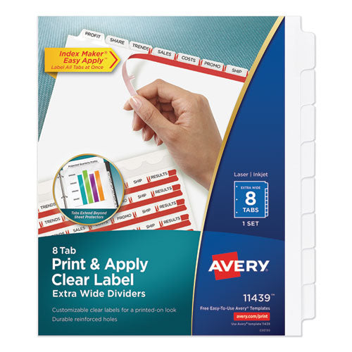 Print and Apply Index Maker Clear Label Dividers, Extra Wide Tab, 8-Tab, 11.25 x 9.25, White, 1 Set-(AVE11439)