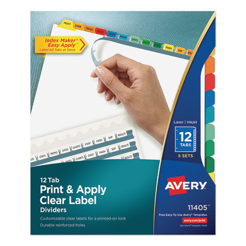 Print and Apply Index Maker Clear Label Dividers, 12-Tab, Color Tabs, 11 x 8.5, White, 5 Sets-(AVE11405)