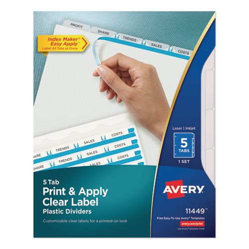 Print and Apply Index Maker Clear Label Plastic Dividers w/Printable Label Strip, 5-Tab, 11 x 8.5, Frosted Clear Tabs, 1 Set-(AVE11449)