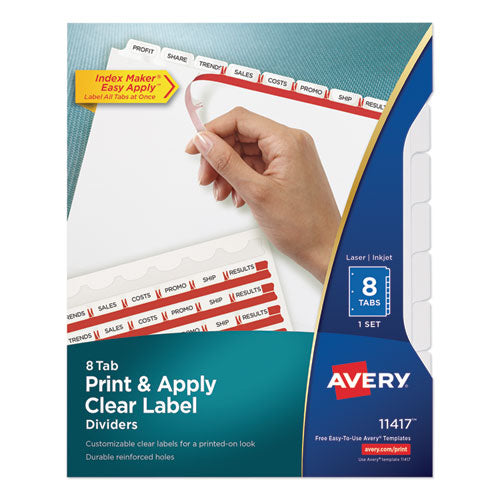 Print and Apply Index Maker Clear Label Dividers, 8-Tab, 11 x 8.5, White, 1 Set-(AVE11417)