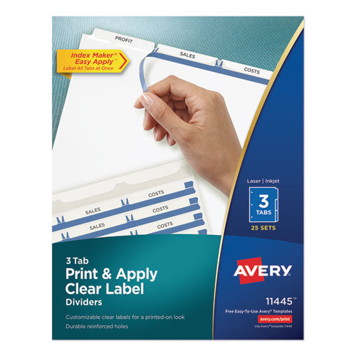 Print and Apply Index Maker Clear Label Dividers, 3-Tab, White Tabs, 11 x 8.5, White, 25 Sets-(AVE11445)