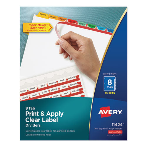 Print and Apply Index Maker Clear Label Dividers, 8-Tab, Color Tabs, 11 x 8.5, White, Traditional Color Tabs, 25 Sets-(AVE11424)