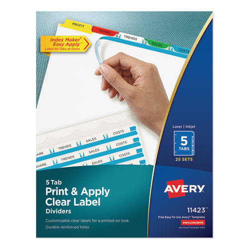 Print and Apply Index Maker Clear Label Dividers, 5-Tab, Color Tabs, 11 x 8.5, White, Traditional Color Tabs, 25 Sets-(AVE11423)