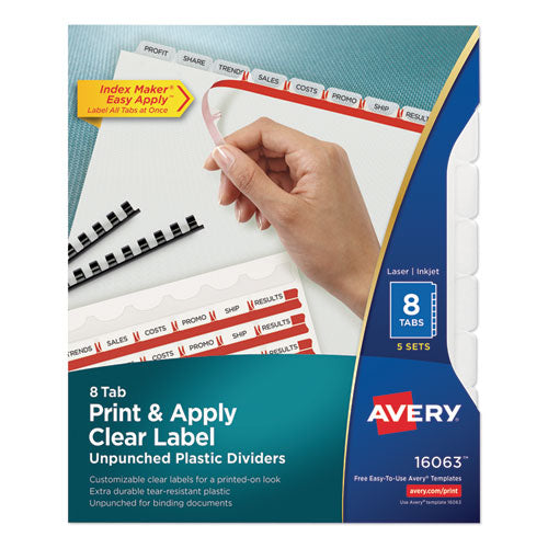 Print and Apply Index Maker Clear Label Unpunched Dividers with Printable Label Strip, 8-Tab, 11 x 8.5, Clear, 5 Sets-(AVE16063)