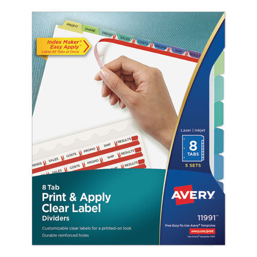 Print and Apply Index Maker Clear Label Dividers, 8-Tab, Color Tabs, 11 x 8.5, White, Contemporary Color Tabs, 5 Sets-(AVE11991)