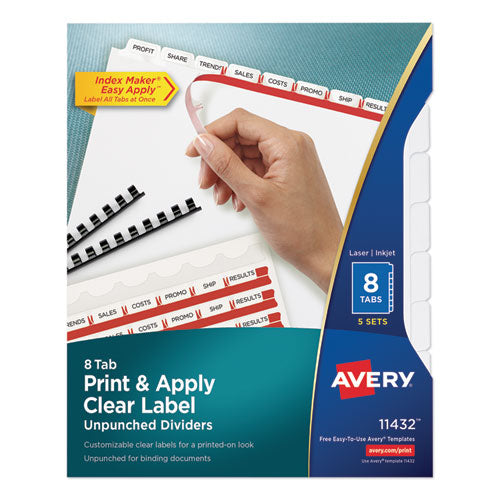 Print and Apply Index Maker Clear Label Unpunched Dividers, 8-Tab, 11 x 8.5, White, 5 Sets-(AVE11432)