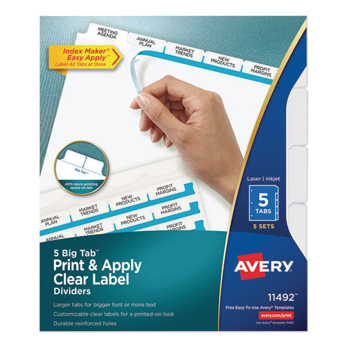 Print and Apply Index Maker Clear Label Dividers, Big Tab, 5-Tab, White Tabs, 11 x 8.5, White, 5 Sets-(AVE11492)