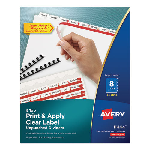 Print and Apply Index Maker Clear Label Unpunched Dividers, 8-Tab, 11 x 8.5, White, White Tabs, 25 Sets-(AVE11444)