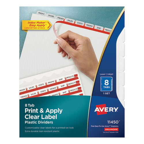 Print and Apply Index Maker Clear Label Plastic Dividers w/Printable Label Strip, 8-Tab, 11 x 8.5, Frosted Clear Tabs, 1 Set-(AVE11450)