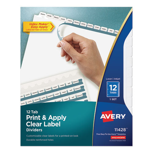 Print and Apply Index Maker Clear Label Dividers, 12-Tab, White Tabs, 11 x 8.5, White, 1 Set-(AVE11428)