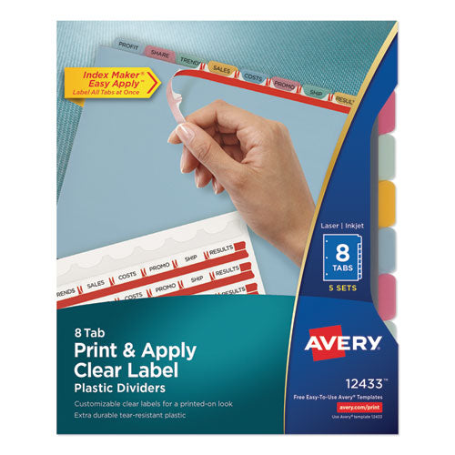 Print and Apply Index Maker Clear Label Plastic Dividers with Printable Label Strip, 8-Tab, 11 x 8.5, Assorted Tabs, 5 Sets-(AVE12433)