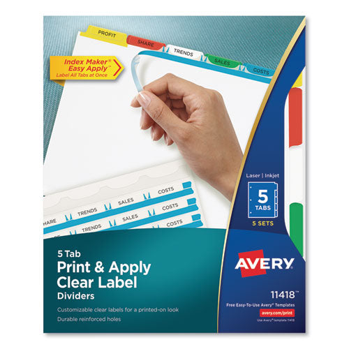 Print and Apply Index Maker Clear Label Dividers, 5-Tab, Color Tabs, 11 x 8.5, White, Traditional Color Tabs, 5 Sets-(AVE11418)