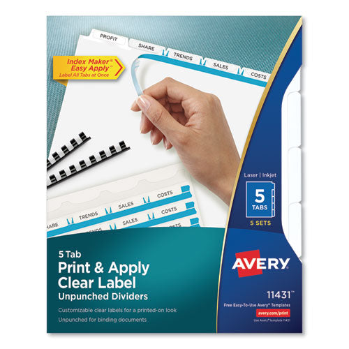 Print and Apply Index Maker Clear Label Unpunched Dividers, 5-Tab, 11 x 8.5, White, 5 Sets-(AVE11431)