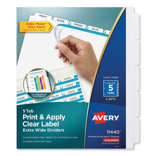 Print and Apply Index Maker Clear Label Dividers, Extra Wide Tab, 5-Tab, White Tabs, 11.25 x 9.25, White, 5 Sets-(AVE11440)