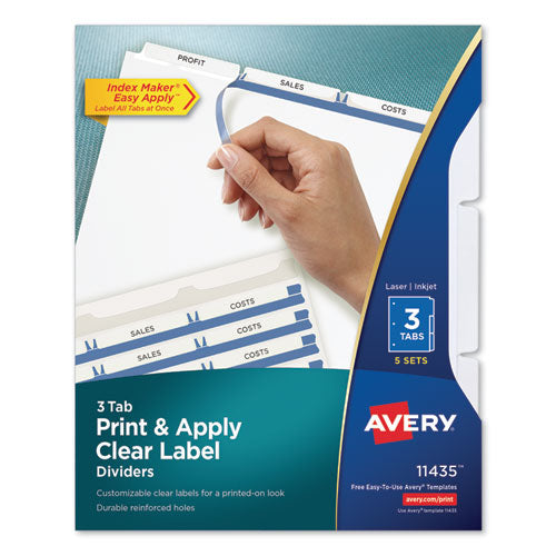 Print and Apply Index Maker Clear Label Dividers, 3-Tab, White Tabs, 11 x 8.5, White, 5 Sets-(AVE11435)