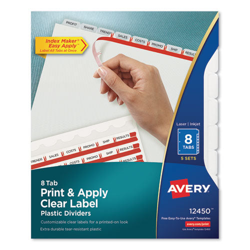 Print and Apply Index Maker Clear Label Plastic Dividers w/Printable Label Strip, 8-Tab, 11 x 8.5, Frosted Clear Tabs, 5 Sets-(AVE12450)