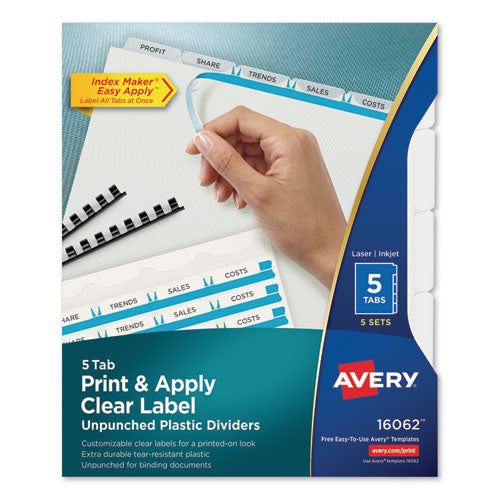 Print and Apply Index Maker Clear Label Unpunched Dividers with Printable Label Strip, 5-Tab, 11 x 8.5, Clear, 5 Sets-(AVE16062)