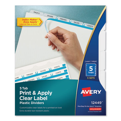 Print and Apply Index Maker Clear Label Plastic Dividers w/Printable Label Strip, 5-Tab, 11 x 8.5, Frosted Clear Tabs, 5 Sets-(AVE12449)