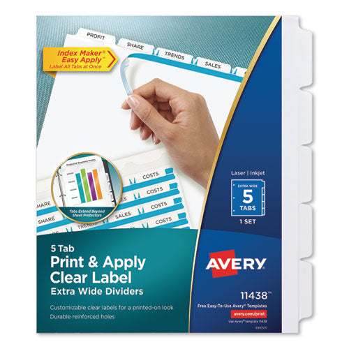 Print and Apply Index Maker Clear Label Dividers, Extra Wide Tab, 5-Tab, White Tabs, 11.25 x 9.25, White, 1 Set-(AVE11438)