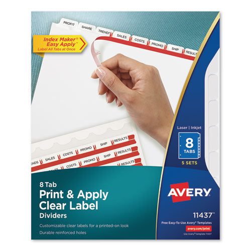 Print and Apply Index Maker Clear Label Dividers, 8-Tab, 11 x 8.5, White, 5 Sets-(AVE11437)