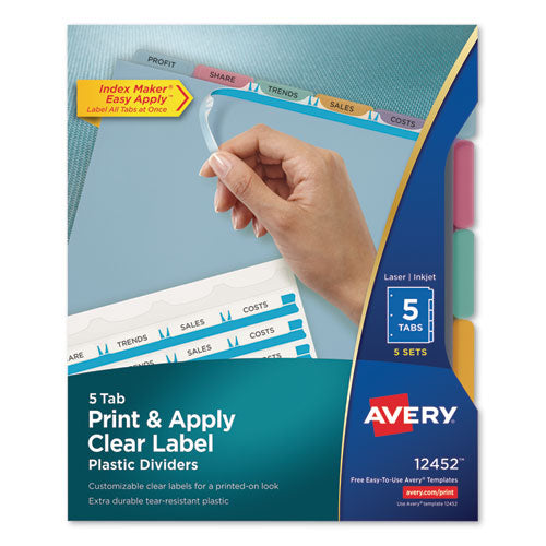 Print and Apply Index Maker Clear Label Plastic Dividers with Printable Label Strip, 5-Tab, 11 x 8.5, Assorted Tabs, 5 Sets-(AVE12452)