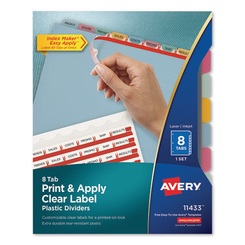 Print and Apply Index Maker Clear Label Plastic Dividers with Printable Label Strip, 8-Tab, 11 x 8.5, Assorted Tabs, 1 Set-(AVE11433)