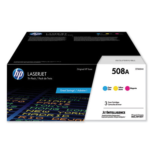 HP 508A, (CF360A-M) 3-Pack Cyan/Magenta/Yellow Original LaserJet Toner Cartridges-(HEWCF360AM)