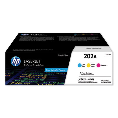 HP 202A, (CF500A-M) 3-Pack Cyan/Magenta/Yellow Original LaserJet Toner Cartridges-(HEWCF500AM)