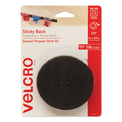 Sticky-Back Fasteners with Dispenser, Removable Adhesive, 0.75" x 5 ft, Black-(VEK90086)