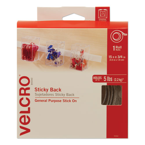 Sticky-Back Fasteners with Dispenser, Removable Adhesive, 0.75" x 15 ft, White-(VEK90082)