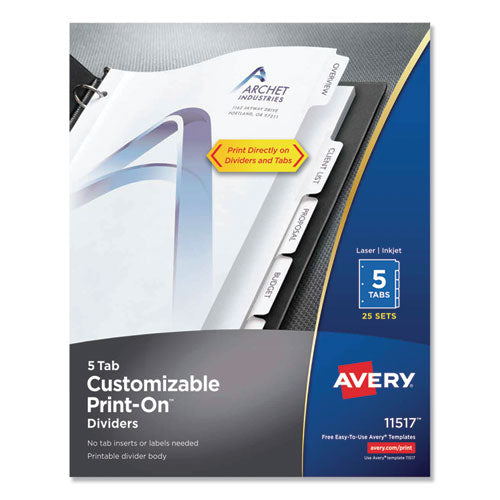 Customizable Print-On Dividers, 3-Hole Punched, 5-Tab, 11 x 8.5, White, 25 Sets-(AVE11517)