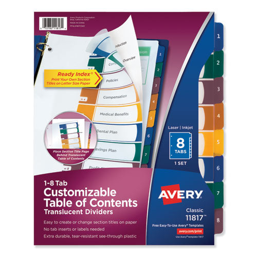 Customizable Table of Contents Ready Index Dividers with Multicolor Tabs, 8-Tab, 1 to 8, 11 x 8.5, Translucent, 1 Set-(AVE11817)