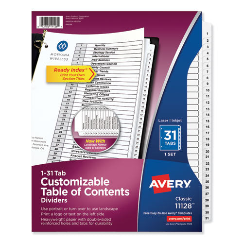 Customizable TOC Ready Index Black and White Dividers, 31-Tab, 1 to 31, 11 x 8.5, 1 Set-(AVE11128)